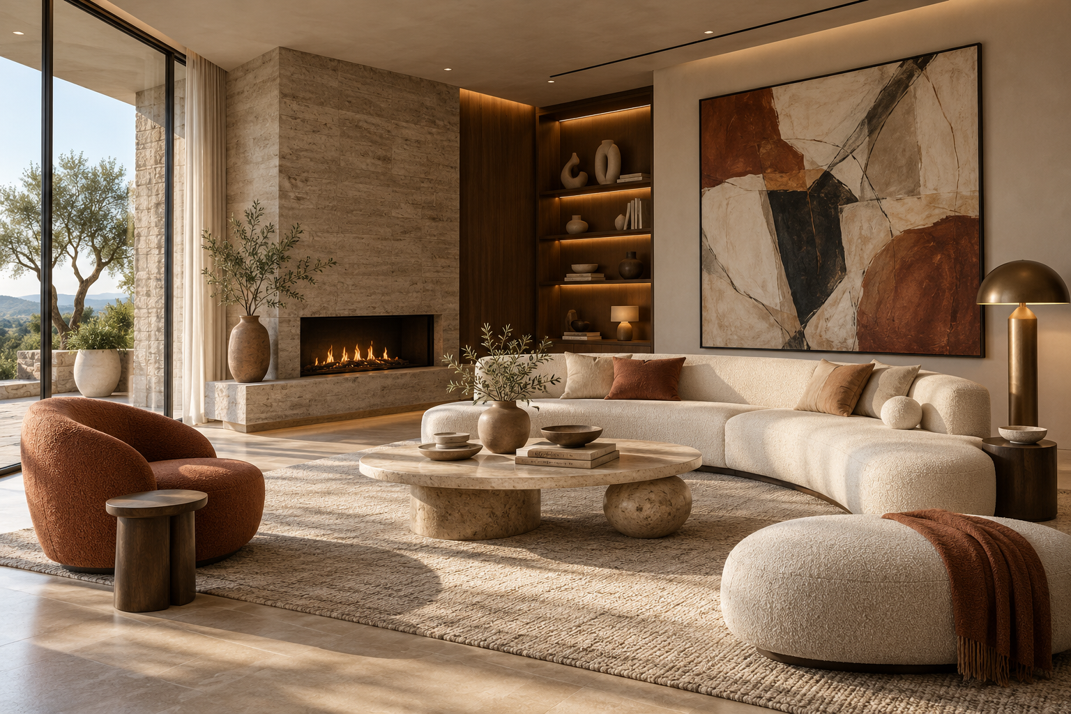 AI-generated contemporary living room concept illustrating stone, textured upholstery and metal