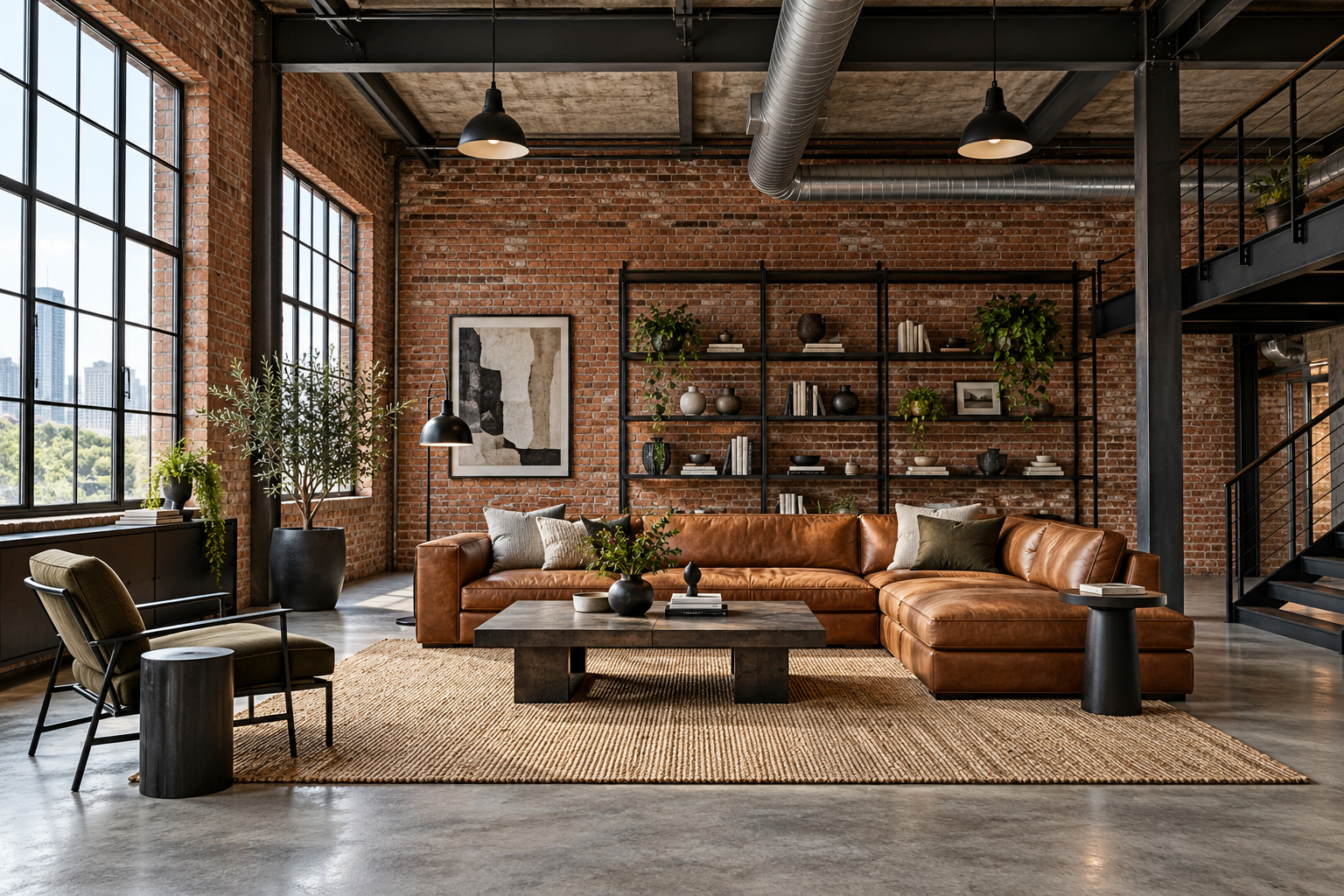 AI-generated industrial living room concept illustrating brick, concrete, steel and leather