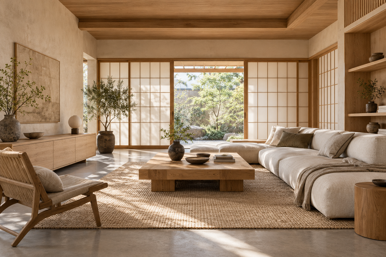 AI-generated japandi living room concept illustrating timber, linen, paper-inspired screens and ceramics