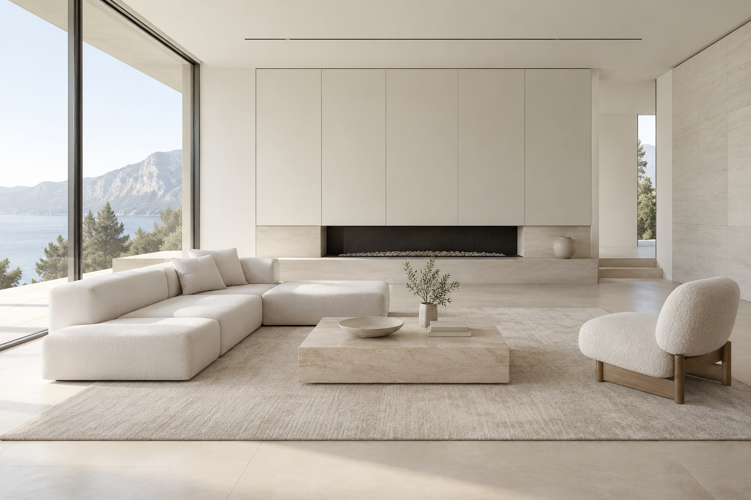 AI-generated minimalist living room concept illustrating plaster, stone and smooth timber