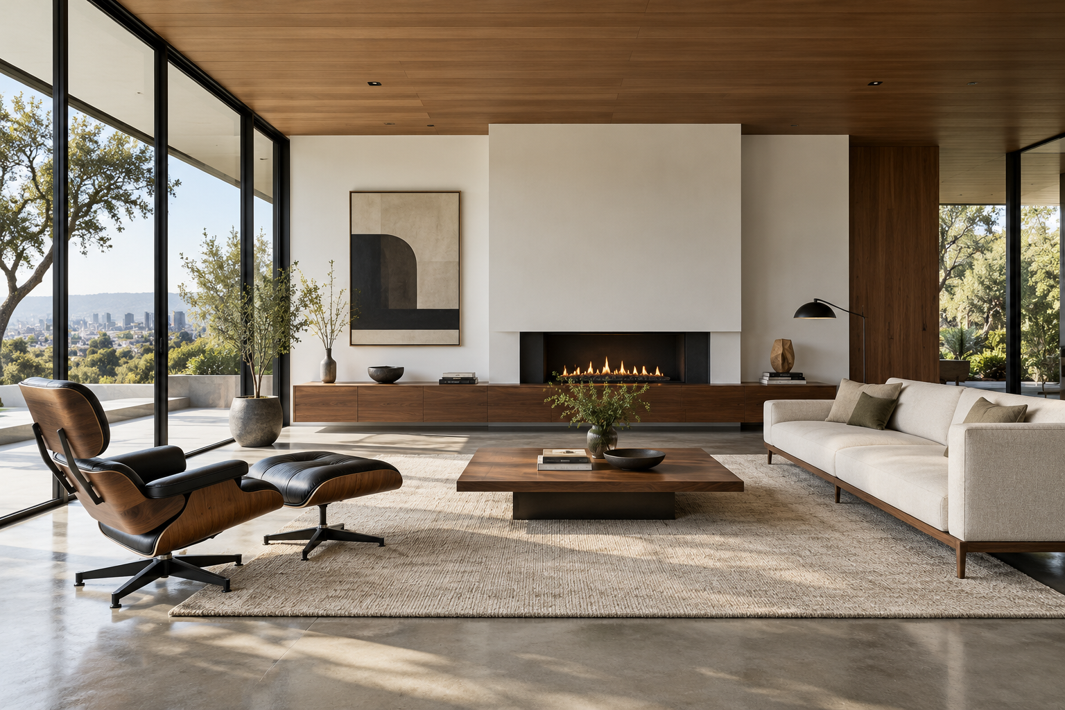 AI-generated modern living room concept illustrating walnut, leather, glass and steel