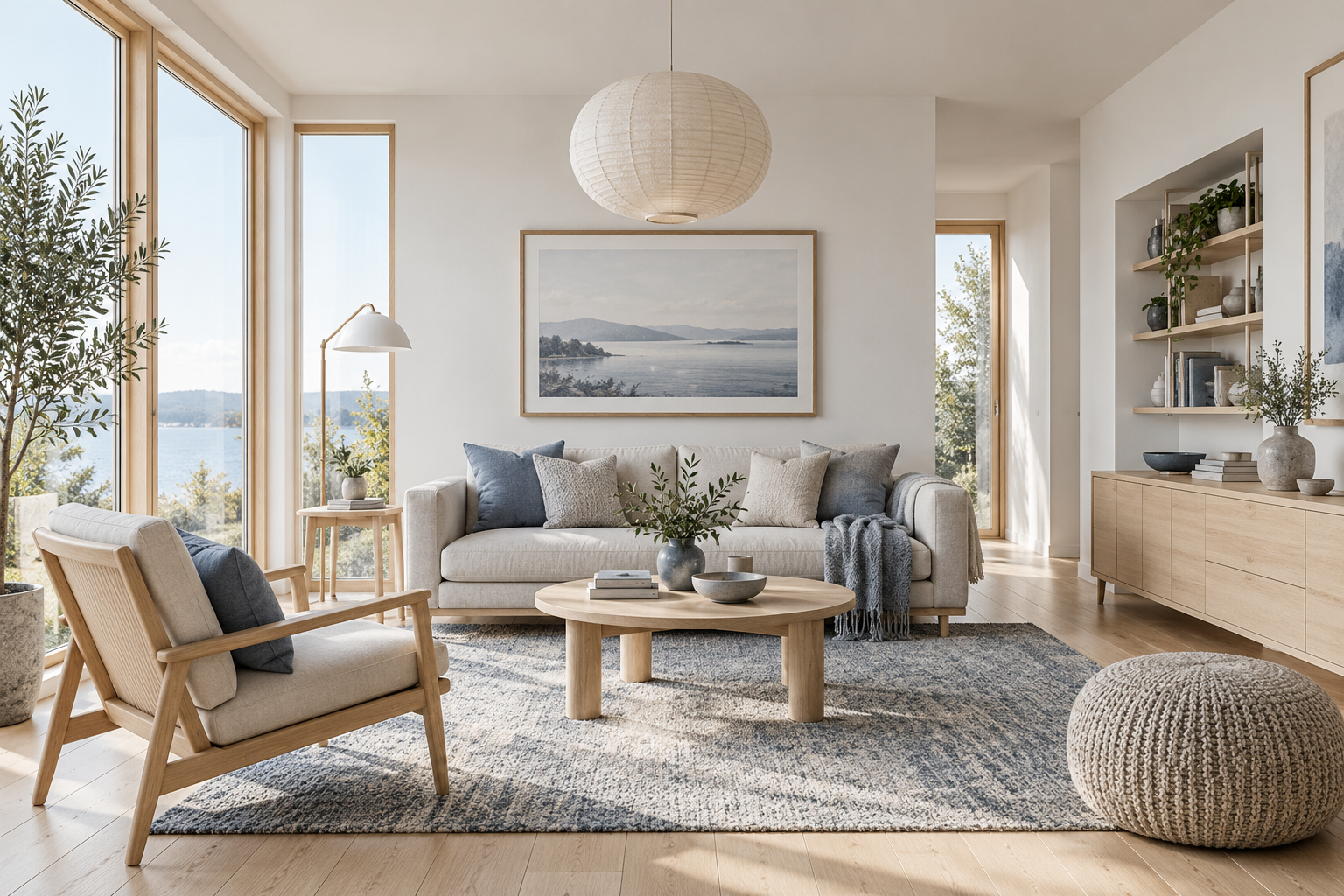AI-generated scandinavian living room concept illustrating light timber, wool and linen