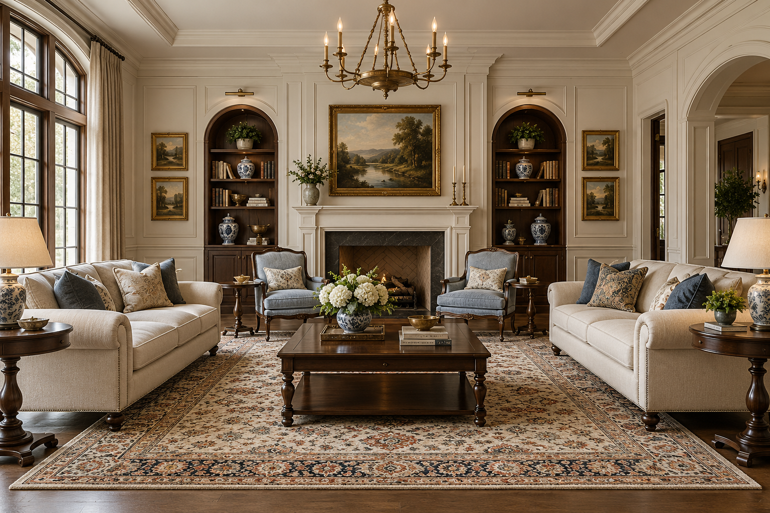 AI-generated traditional living room concept illustrating polished wood, woven rugs and detailed upholstery