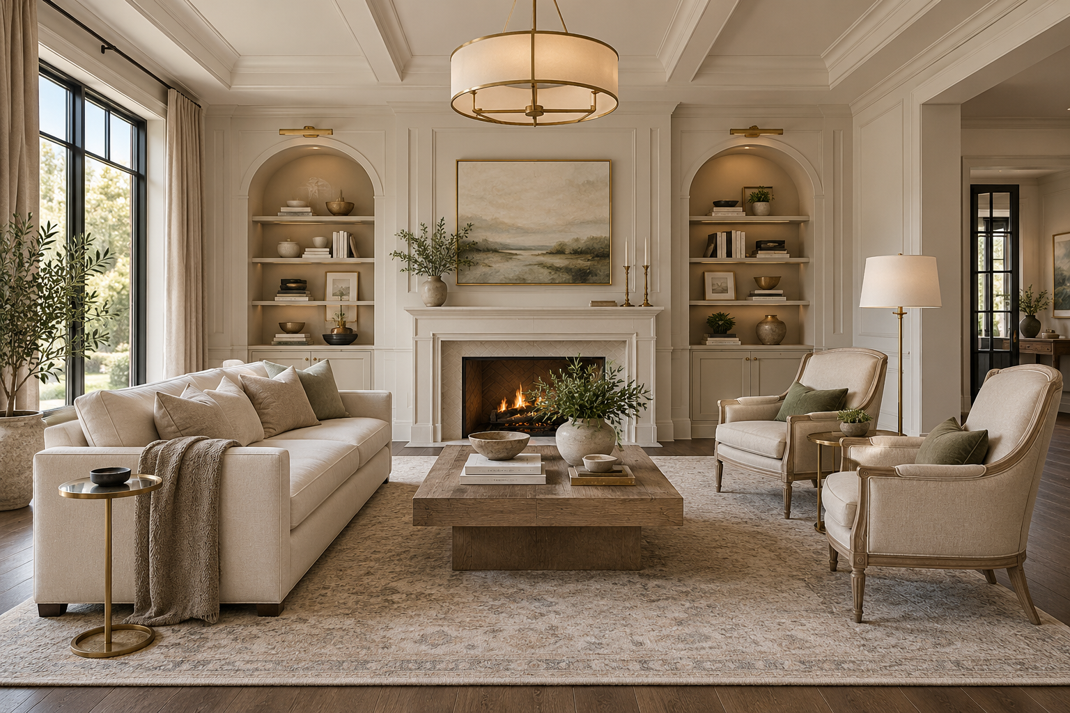 AI-generated transitional living room concept illustrating wood, woven upholstery and brushed metal