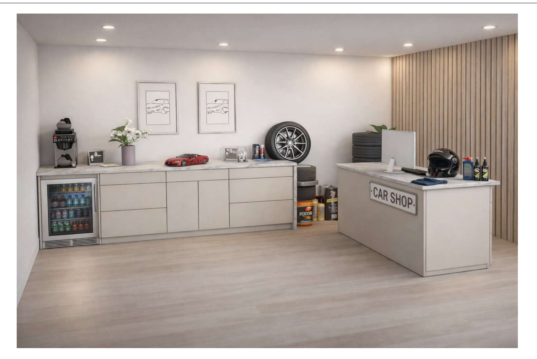 Automotive shop counter with tool storage, service island and bar fridge