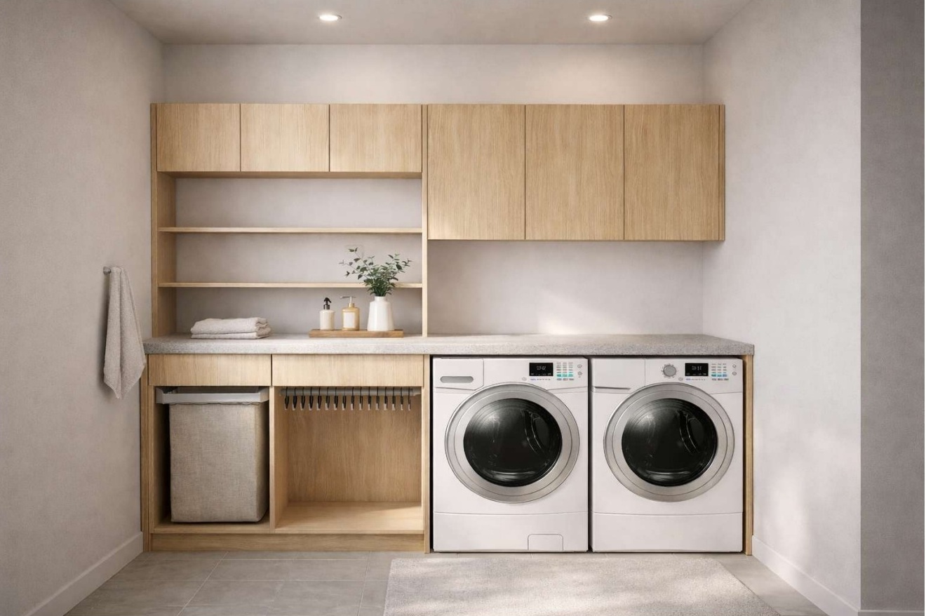 Custom laundry with warm wood cabinetry, hanging rail, sorting storage and built-in washer and dryer