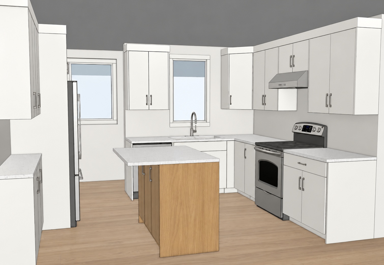 Renovation kitchen with custom white cabinetry, a wood island and coordinated work areas