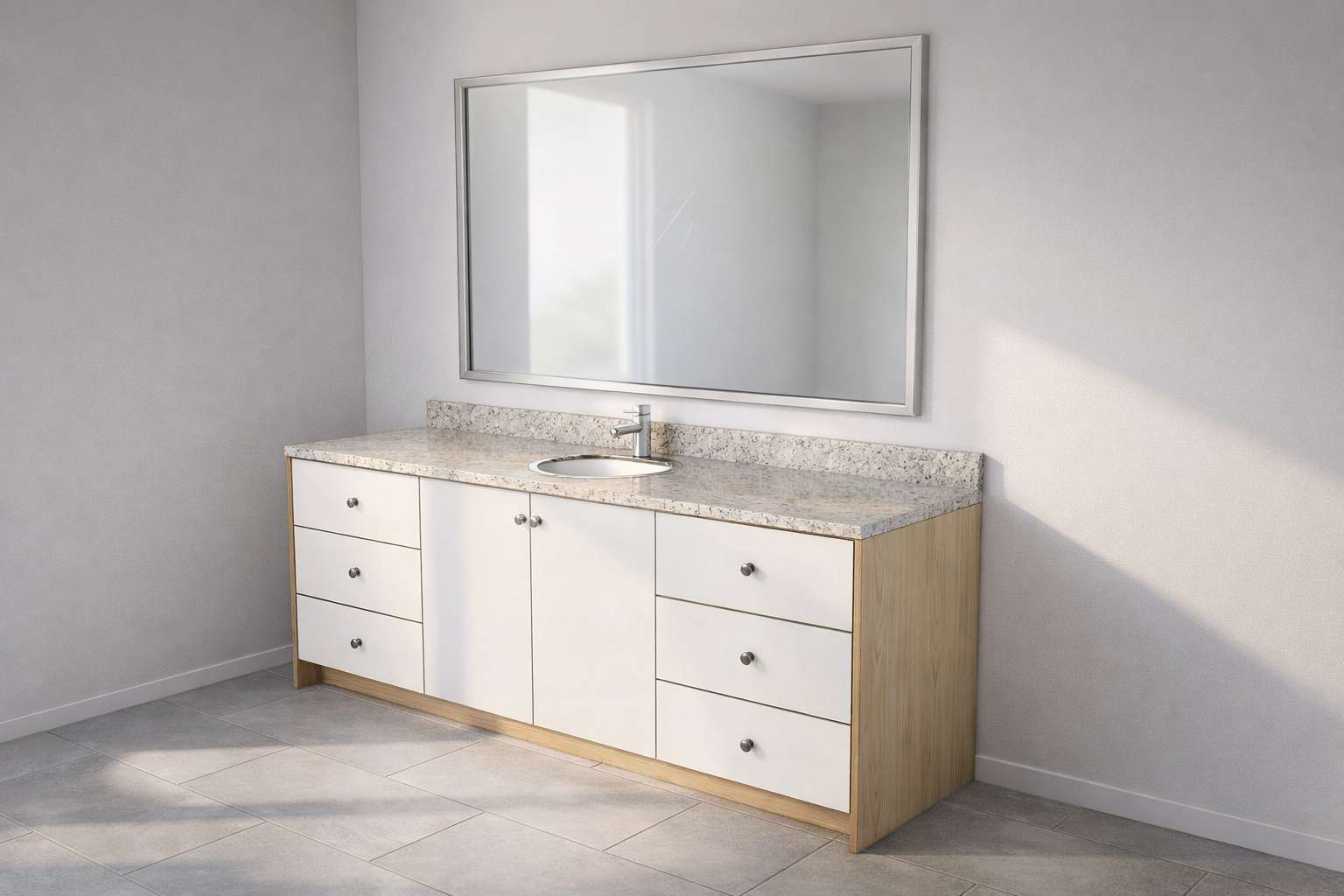 Custom main washroom vanity with warm wood framing, light fronts and stone countertop