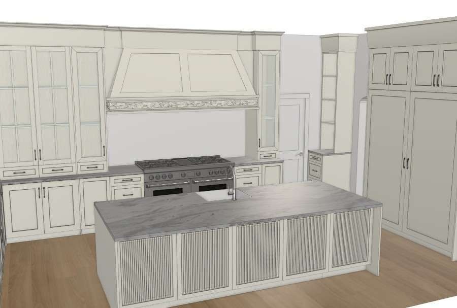 Custom kitchen cabinetry with an island and range wall in a whole-home residential millwork project