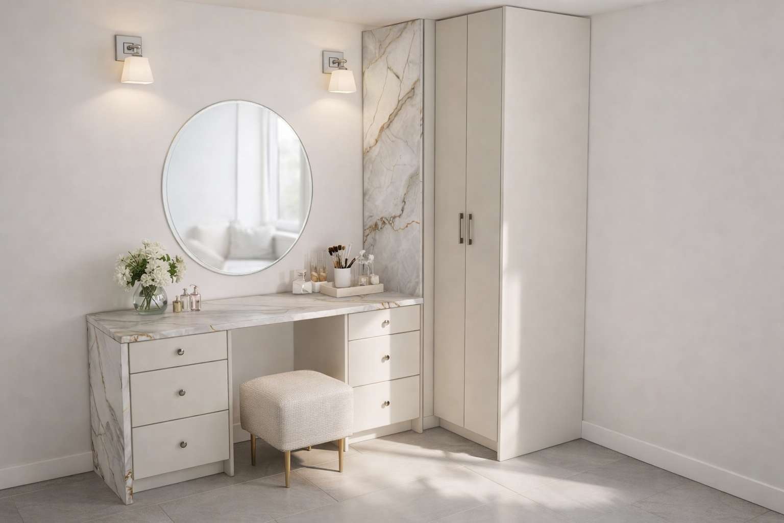 Custom makeup vanity paired with a full-height wardrobe